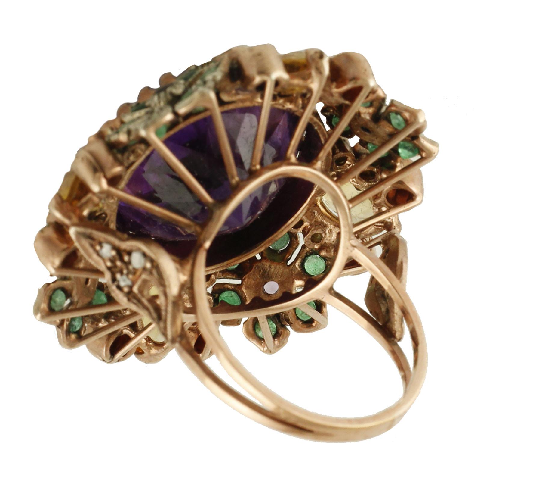Mixed Cut Diamonds Emeralds Amethysts Topazes Garnets Rose Gold and Silver Cocktail Ring