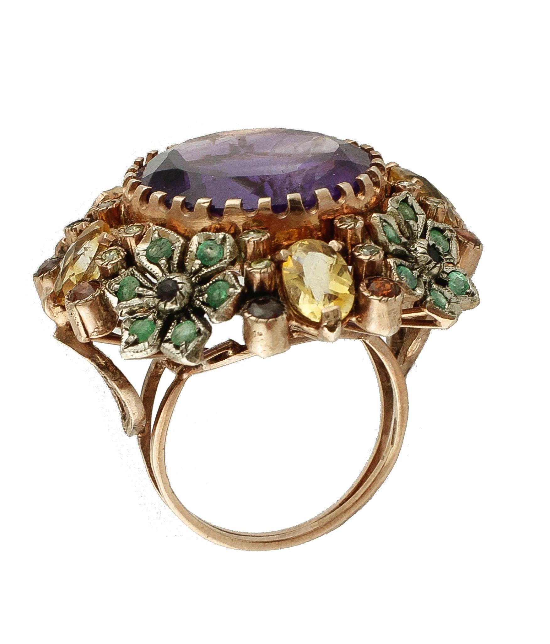 Diamonds Emeralds Amethysts Topazes Garnets Rose Gold and Silver Cocktail Ring In Excellent Condition In Marcianise, Marcianise (CE)