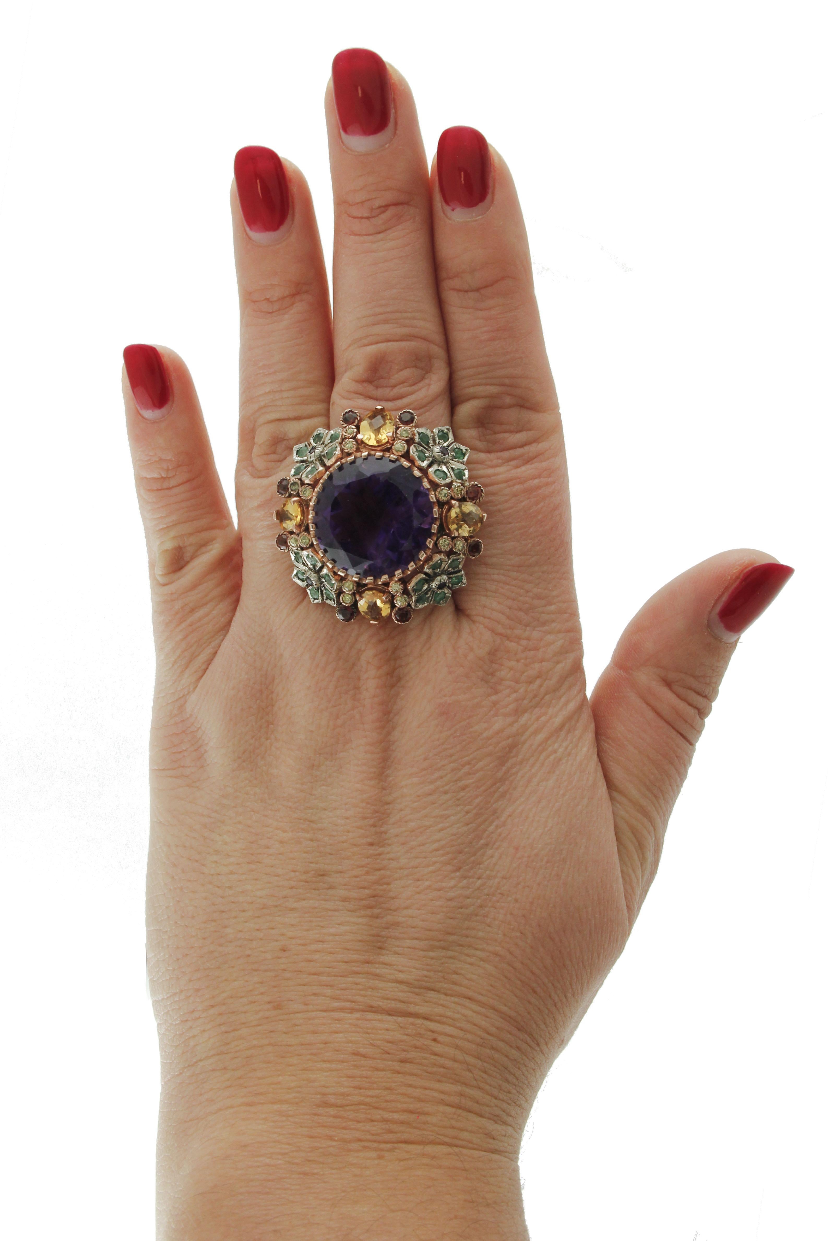 Diamonds Emeralds Amethysts Topazes Garnets Rose Gold and Silver Cocktail Ring 1