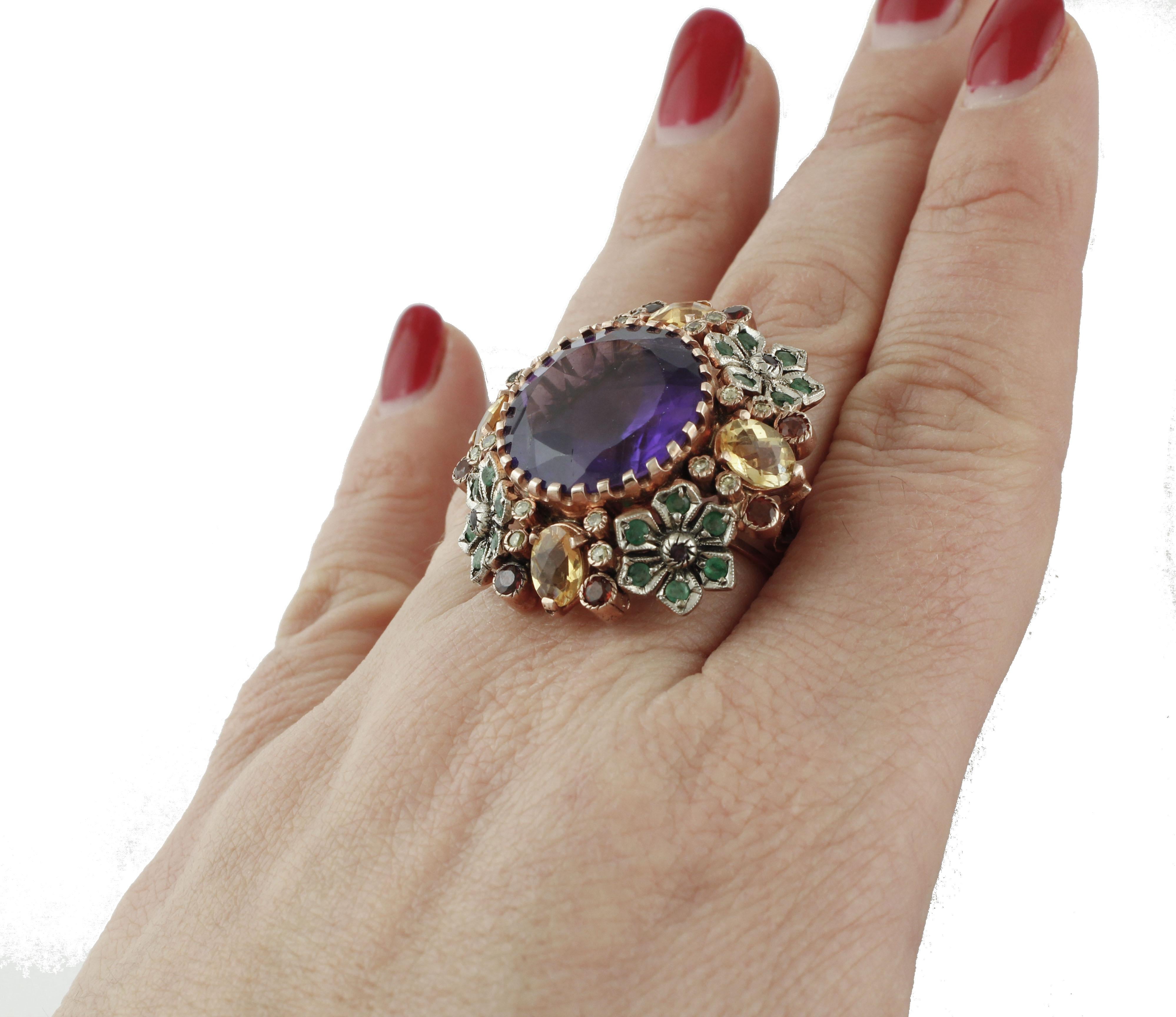 Diamonds Emeralds Amethysts Topazes Garnets Rose Gold and Silver Cocktail Ring 2