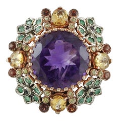 Vintage Diamonds Emeralds Amethysts Topazes Garnets Rose Gold and Silver Cocktail Ring