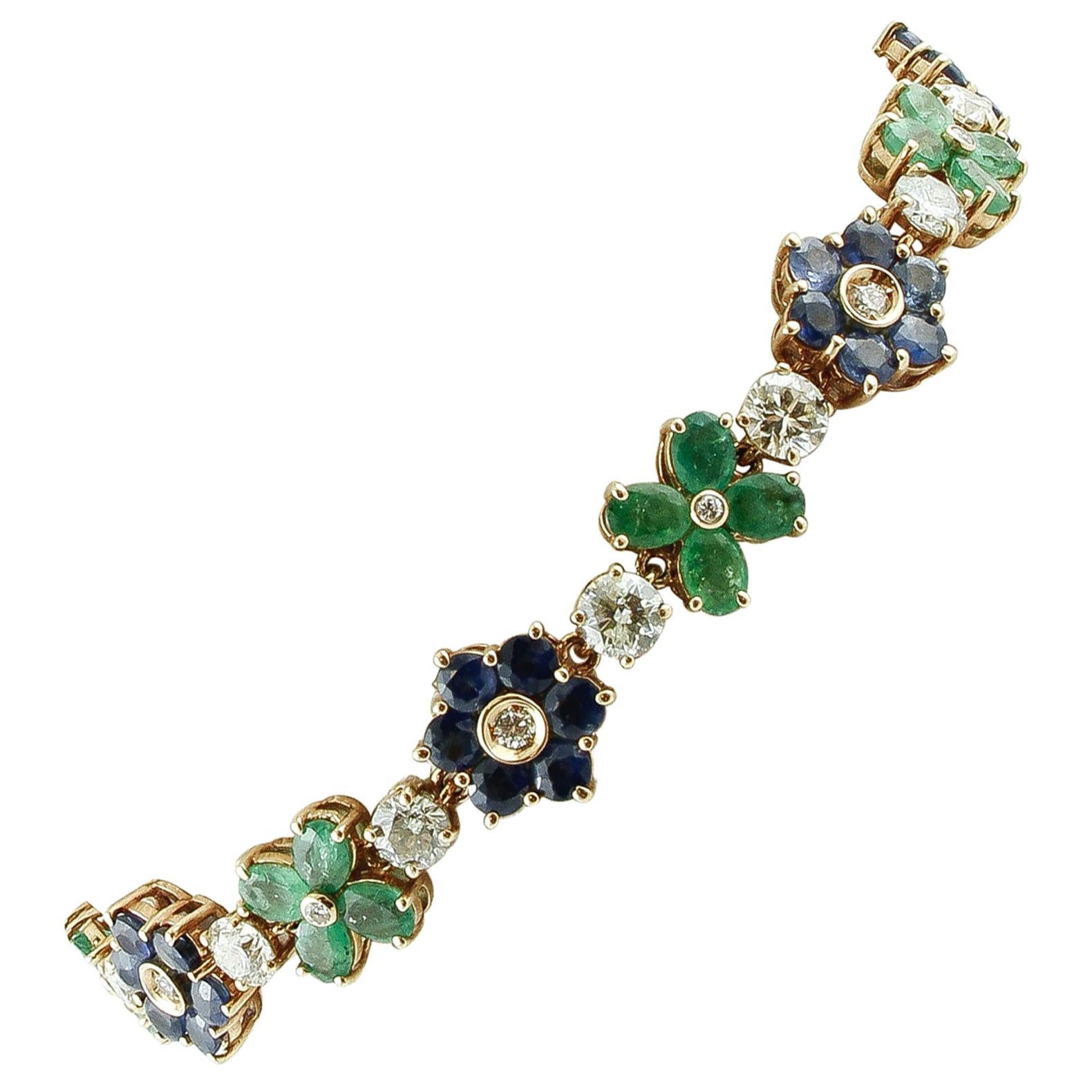 Diamonds, Emeralds, Blue Sapphires, 14 Karat Rose Gold Bracelet at 1stDibs