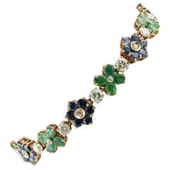 Diamonds, Emeralds, Blue Sapphires, 14 Karat Rose Gold Bracelet