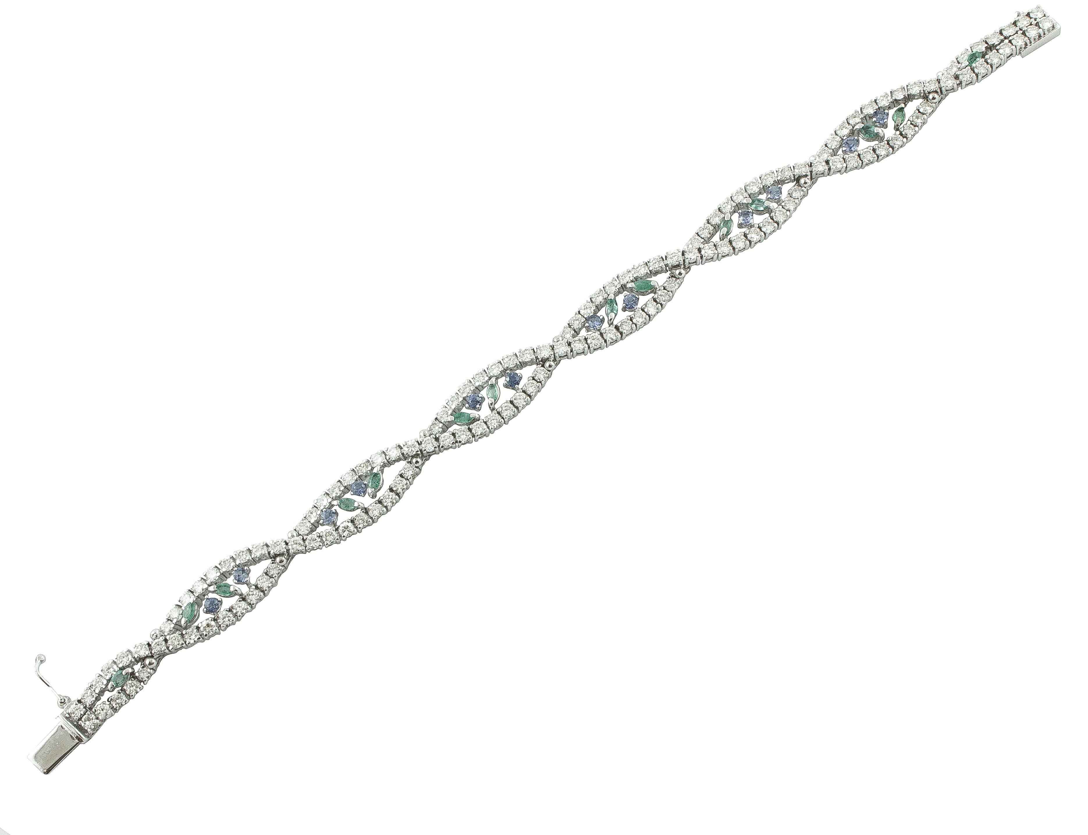 Modern Diamonds, Emeralds, Blue Sapphires, 18 Karat White Gold Bracelet For Sale