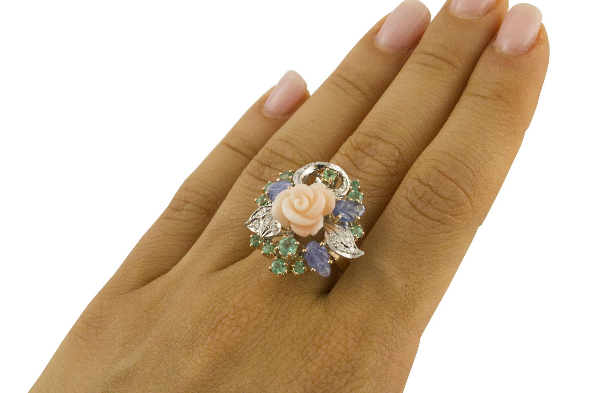 Women's Diamonds Emeralds Blue Sapphires Coral Flower Rose and White Gold Ring