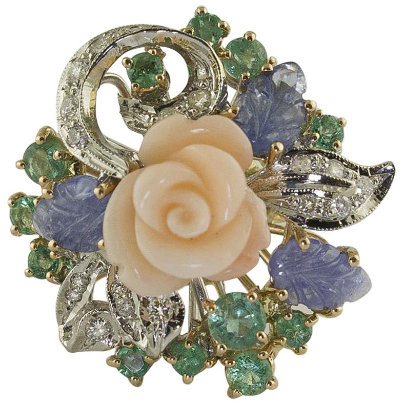 Diamonds Emeralds Blue Sapphires Coral Flower Rose and White Gold Ring