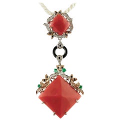 Diamonds Emeralds, Blue Sapphires, Onyx, Coral, Rose/White Gold Pendant Necklace