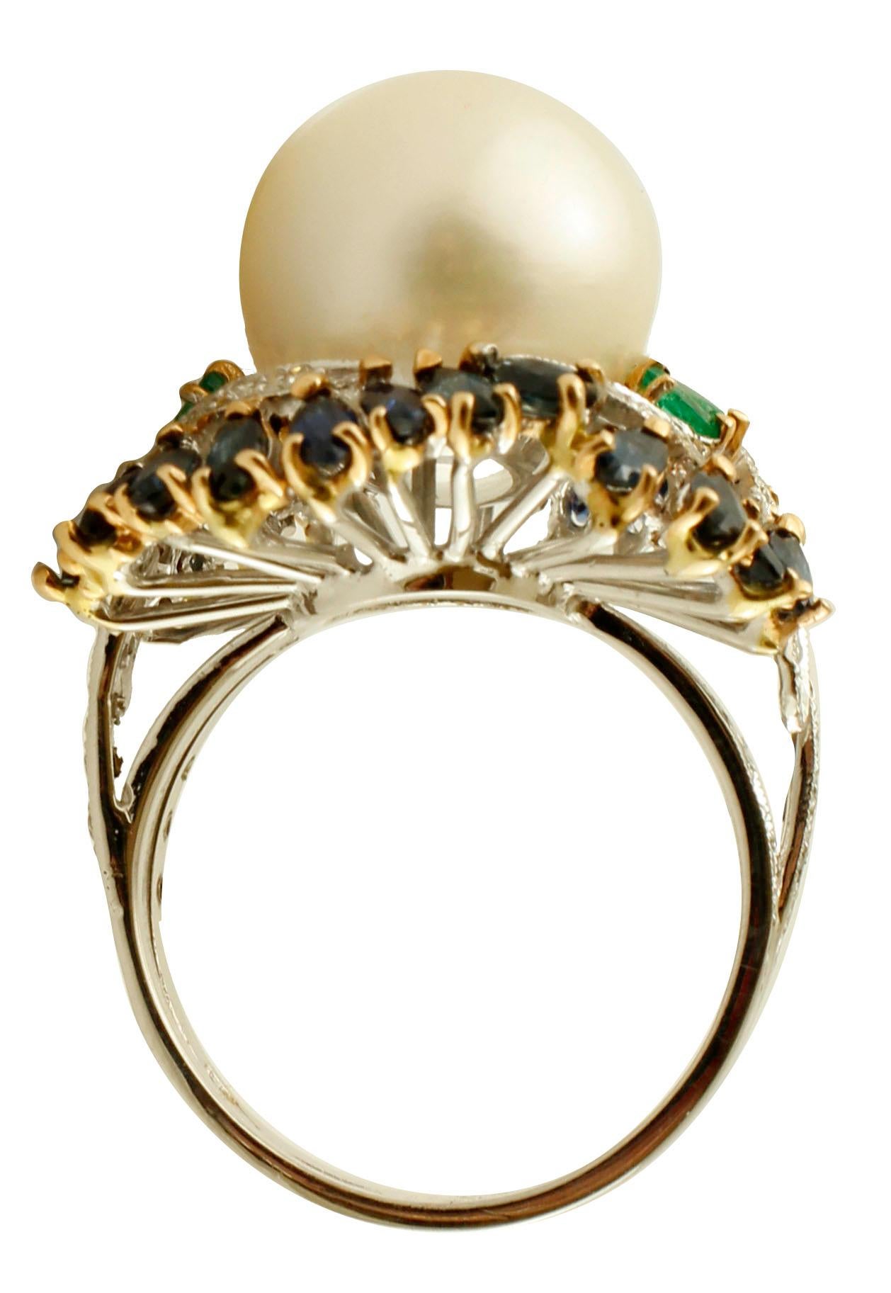 Retro Diamonds, Emeralds, Blue Sapphires, Pearl, 14k White and Rose Gold Cluster Ring For Sale