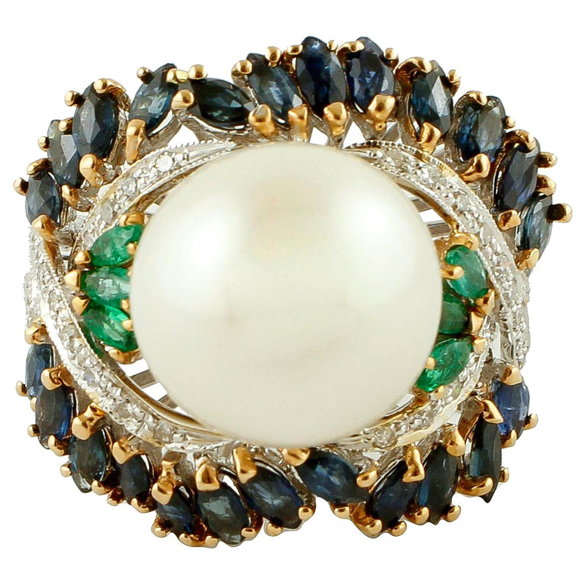 Diamonds, Emeralds, Blue Sapphires, Pearl, 14k White and Rose Gold Cluster Ring
