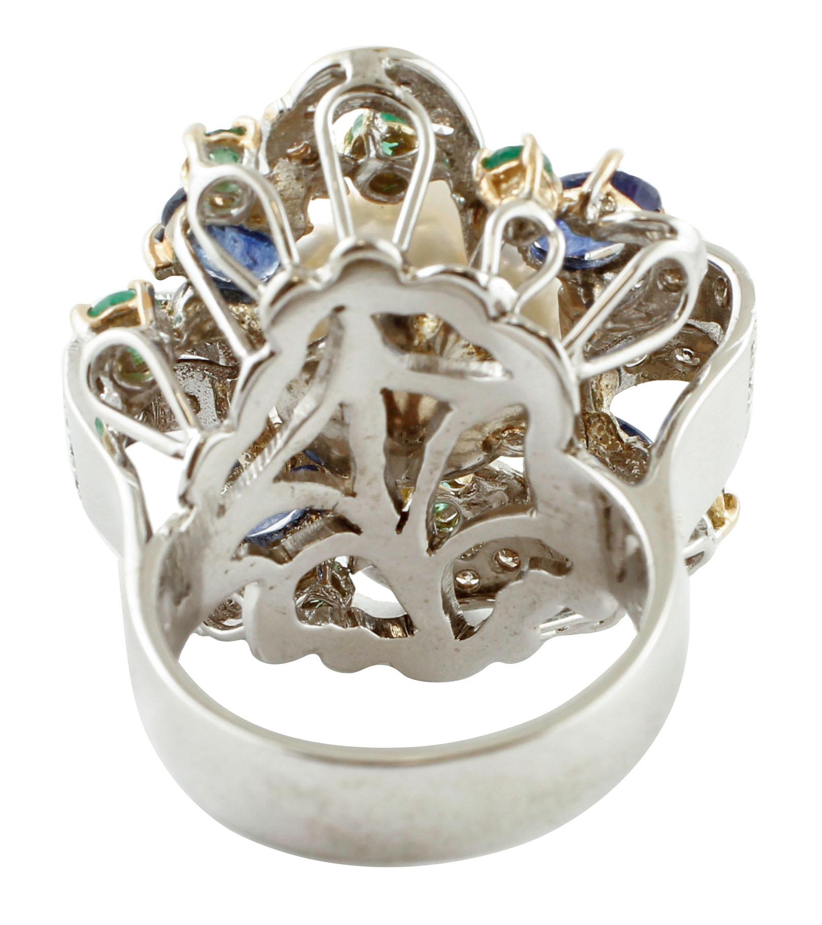 Retro Diamonds, Emeralds, Blue Sapphires, South-Sea Pearl, Rose and White Gold Ring For Sale
