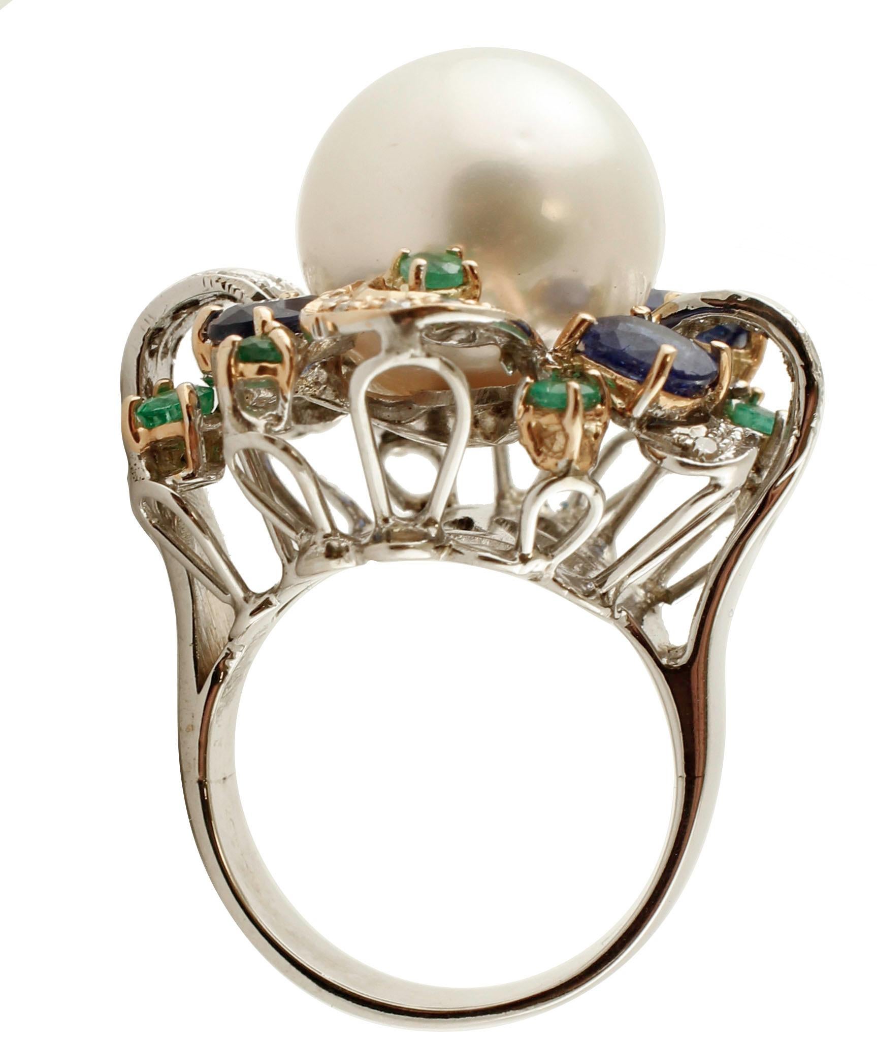Mixed Cut Diamonds, Emeralds, Blue Sapphires, South-Sea Pearl, Rose and White Gold Ring For Sale