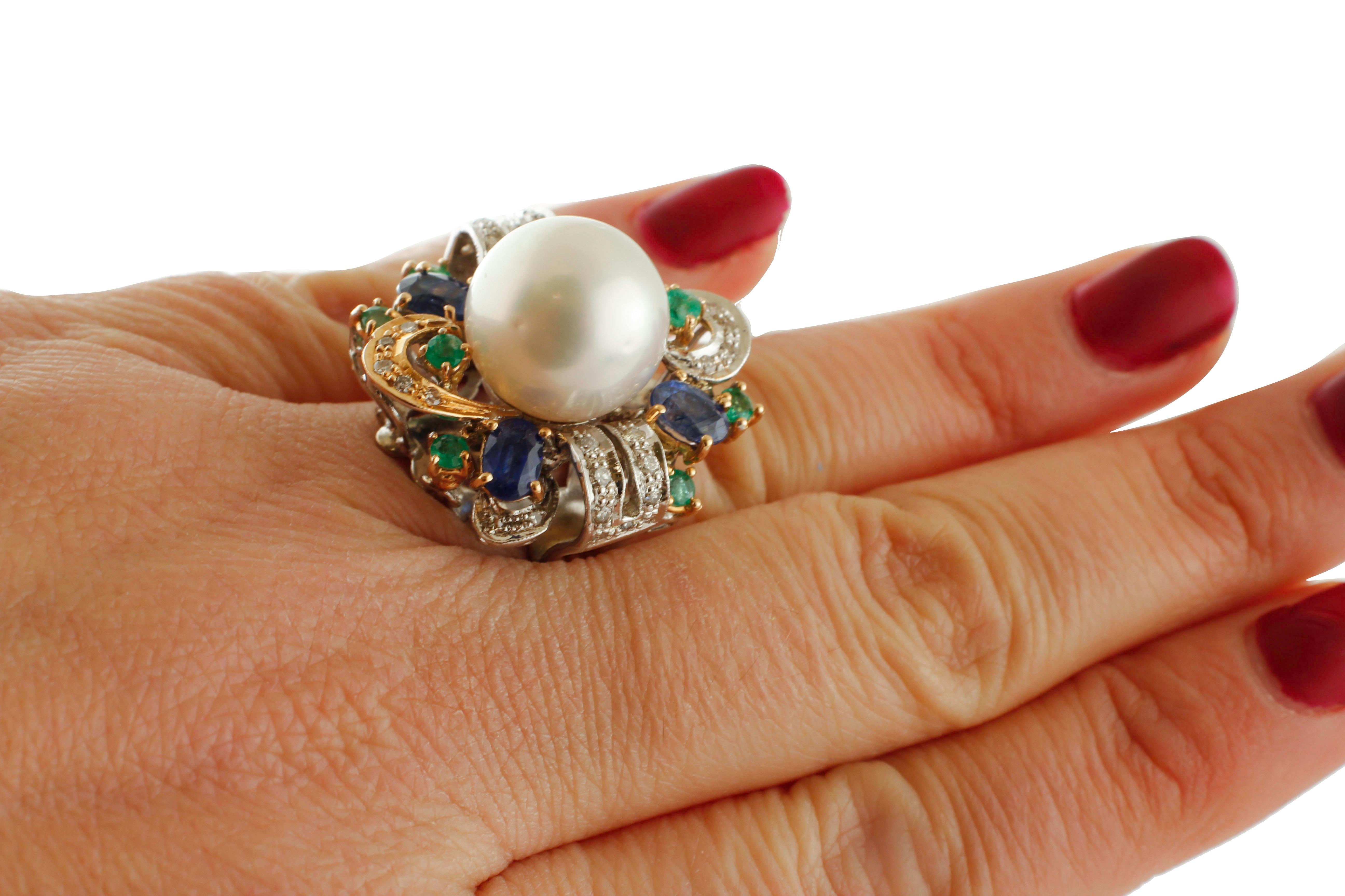 Women's Diamonds, Emeralds, Blue Sapphires, South-Sea Pearl, Rose and White Gold Ring For Sale