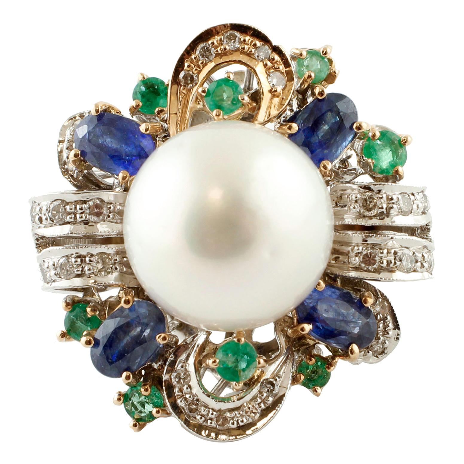 Diamonds, Emeralds, Blue Sapphires, South-Sea Pearl, Rose and White Gold Ring For Sale