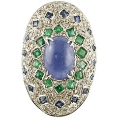 Diamonds Emeralds Blue Sapphires Tanzanite Rose Gold and Silver Ring