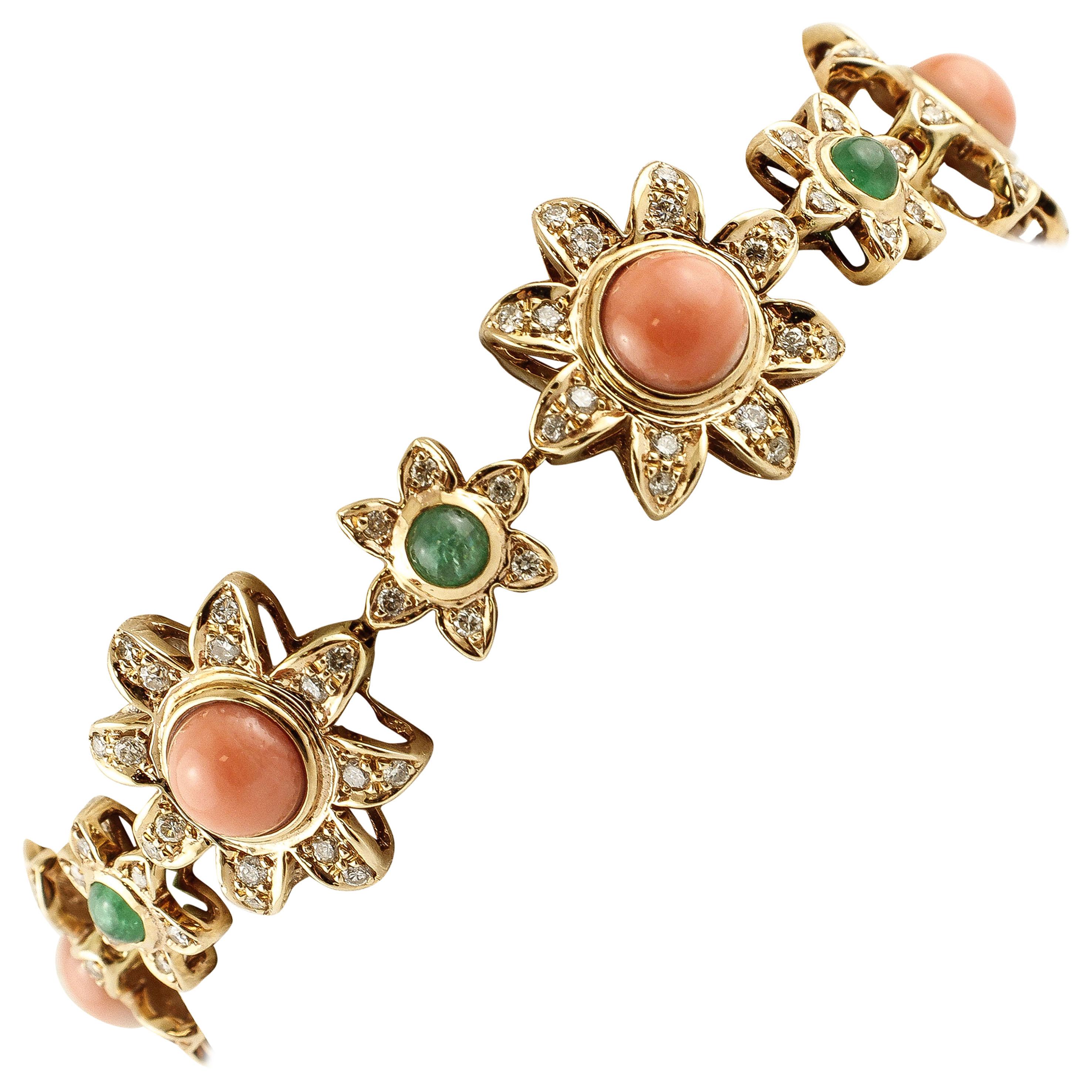 Diamonds, Emeralds, Coral, 14 Karat Rose Gold Flower Bracelet For Sale