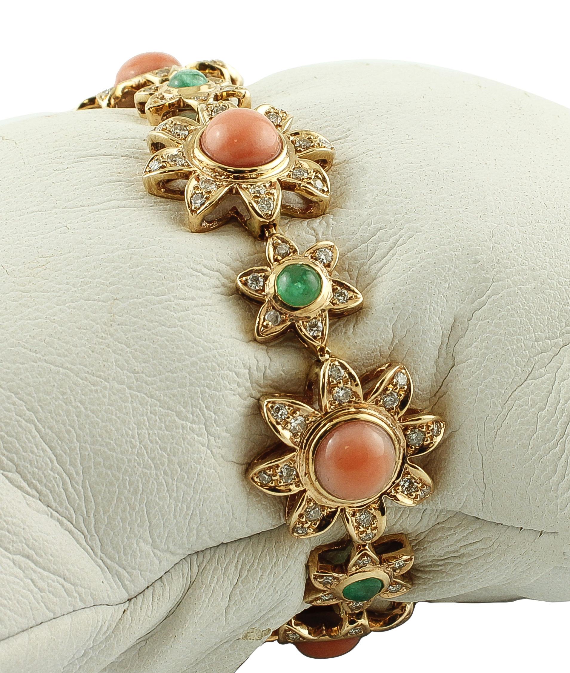 Retro Diamonds, Emeralds, Coral, 14 Karat Rose Gold Flower Bracelet For Sale