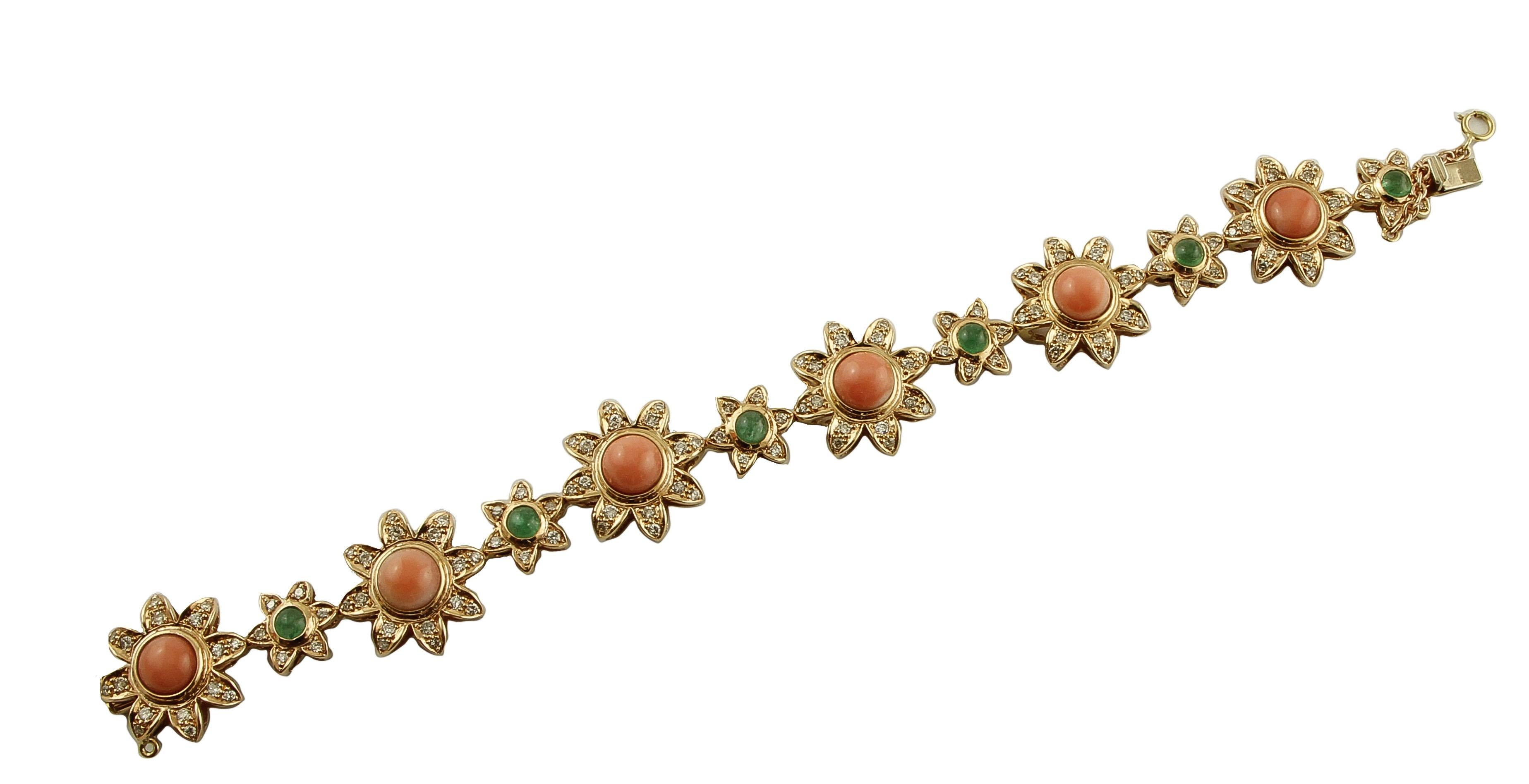 Brilliant Cut Diamonds, Emeralds, Coral, 14 Karat Rose Gold Flower Bracelet For Sale