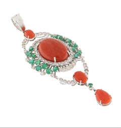 Diamonds Emeralds Coral 18 Kt White Gold Pendant