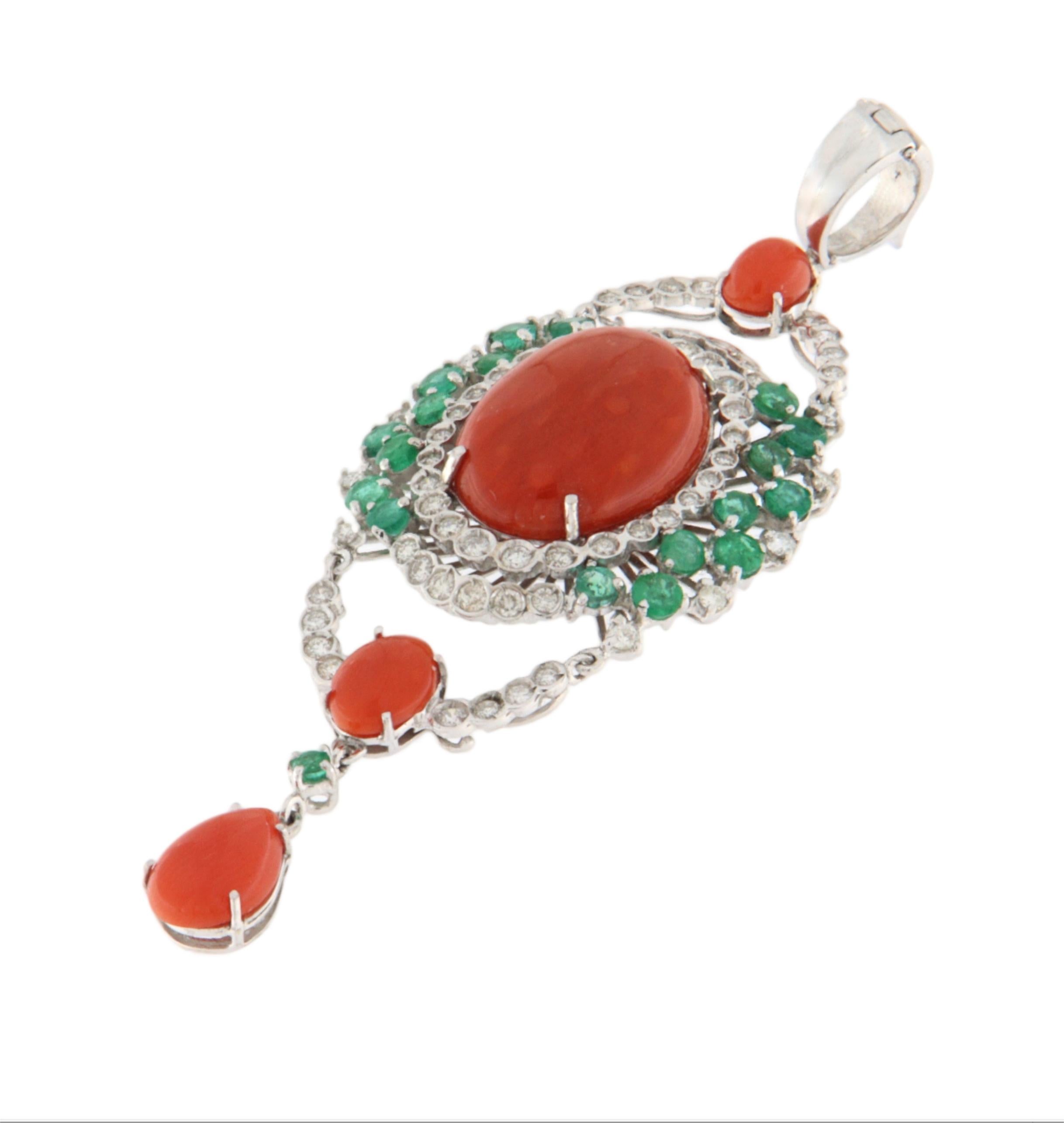 Artisan Diamonds Emeralds Coral 18 Kt White Gold Pendant Necklaces For Sale