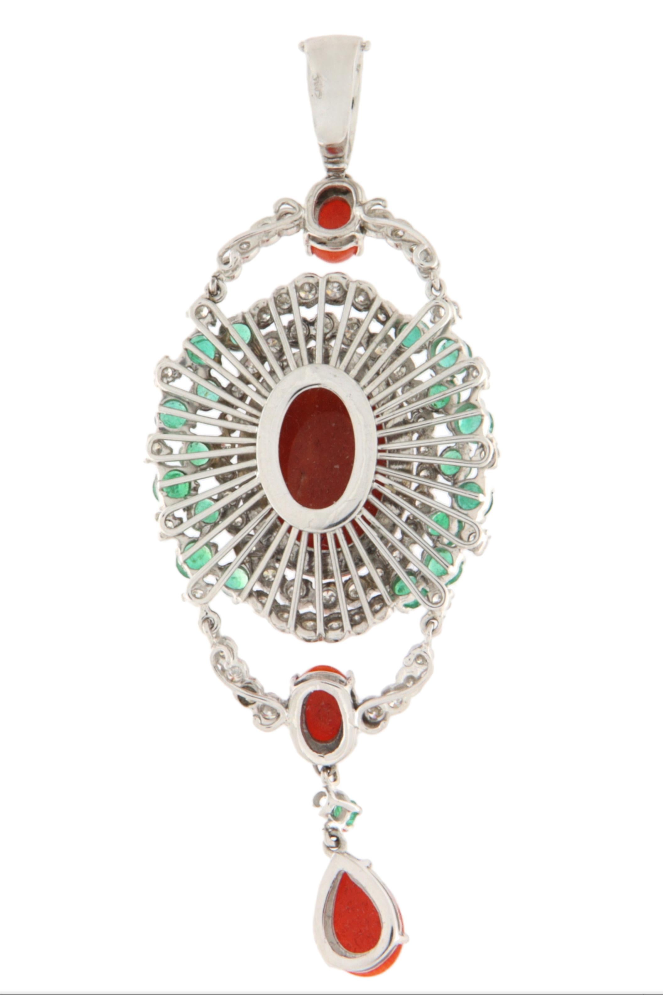 Mixed Cut Diamonds Emeralds Coral 18 Kt White Gold Pendant Necklaces For Sale