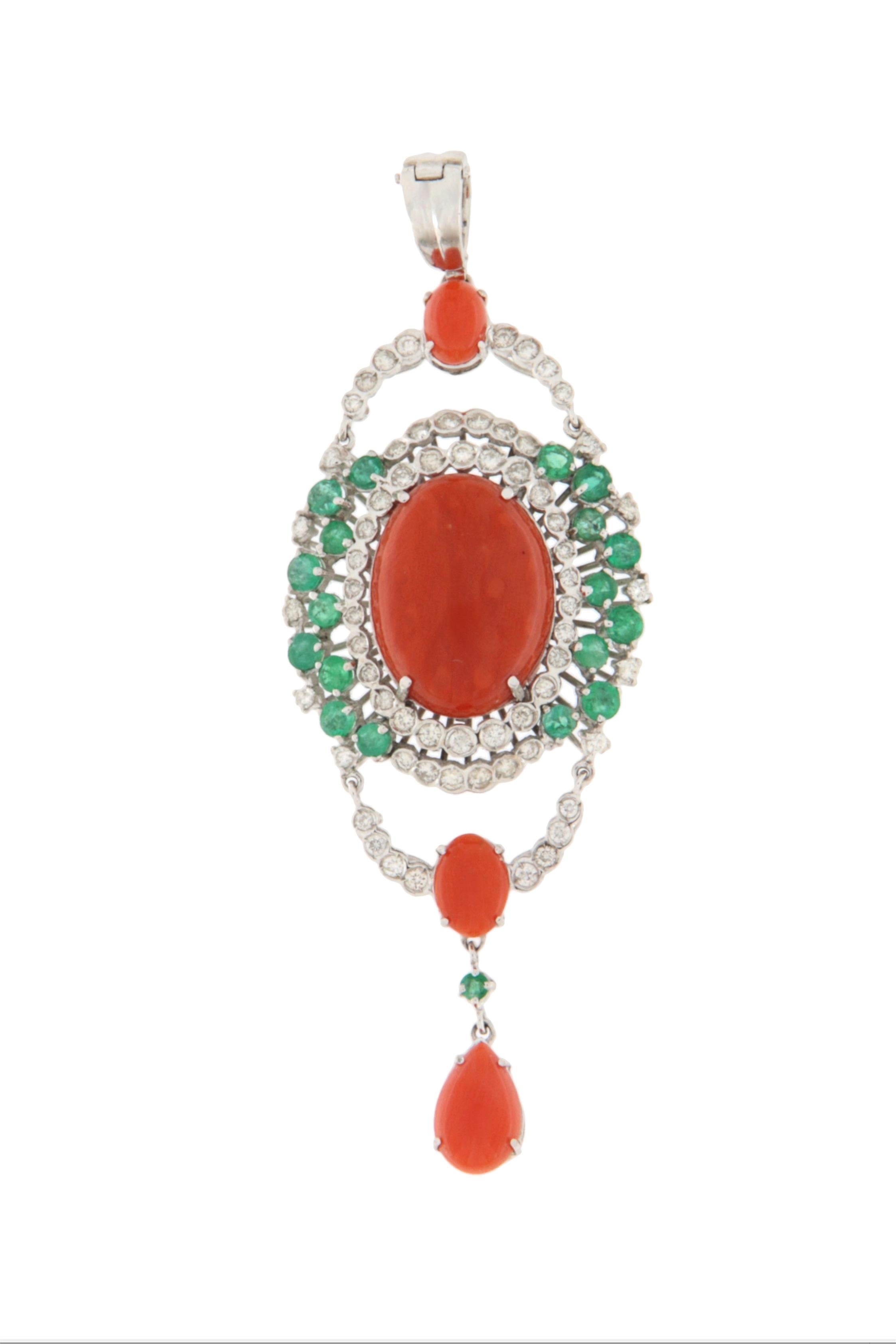 Diamonds Emeralds Coral 18 Kt White Gold Pendant Necklaces In New Condition For Sale In Marcianise, IT