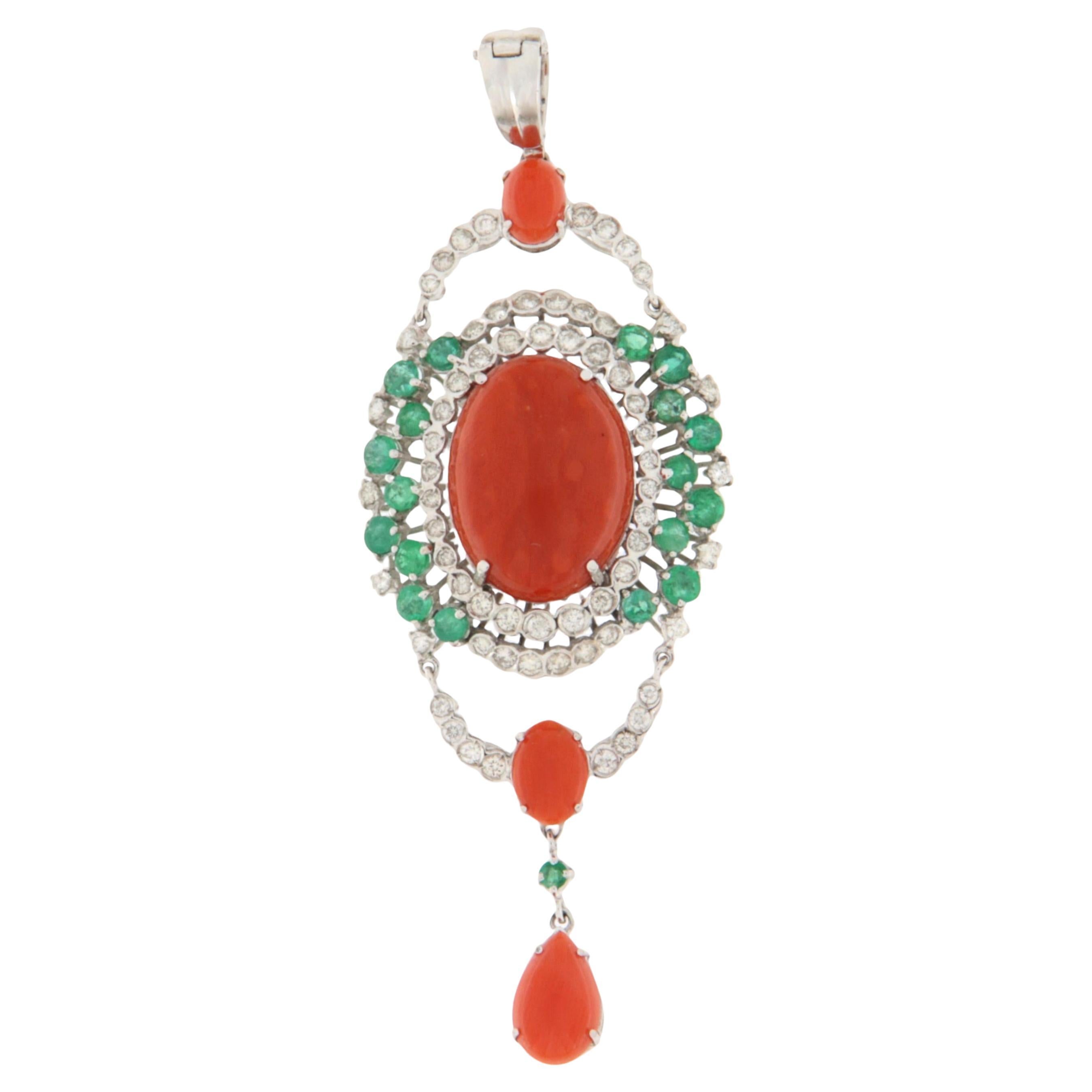 Diamonds Emeralds Coral 18 Kt White Gold Pendant Necklaces For Sale