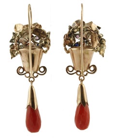 Diamonds, Emeralds, Red Coral, Sapphires, Rubies, Rose Gold and Silver Earrings