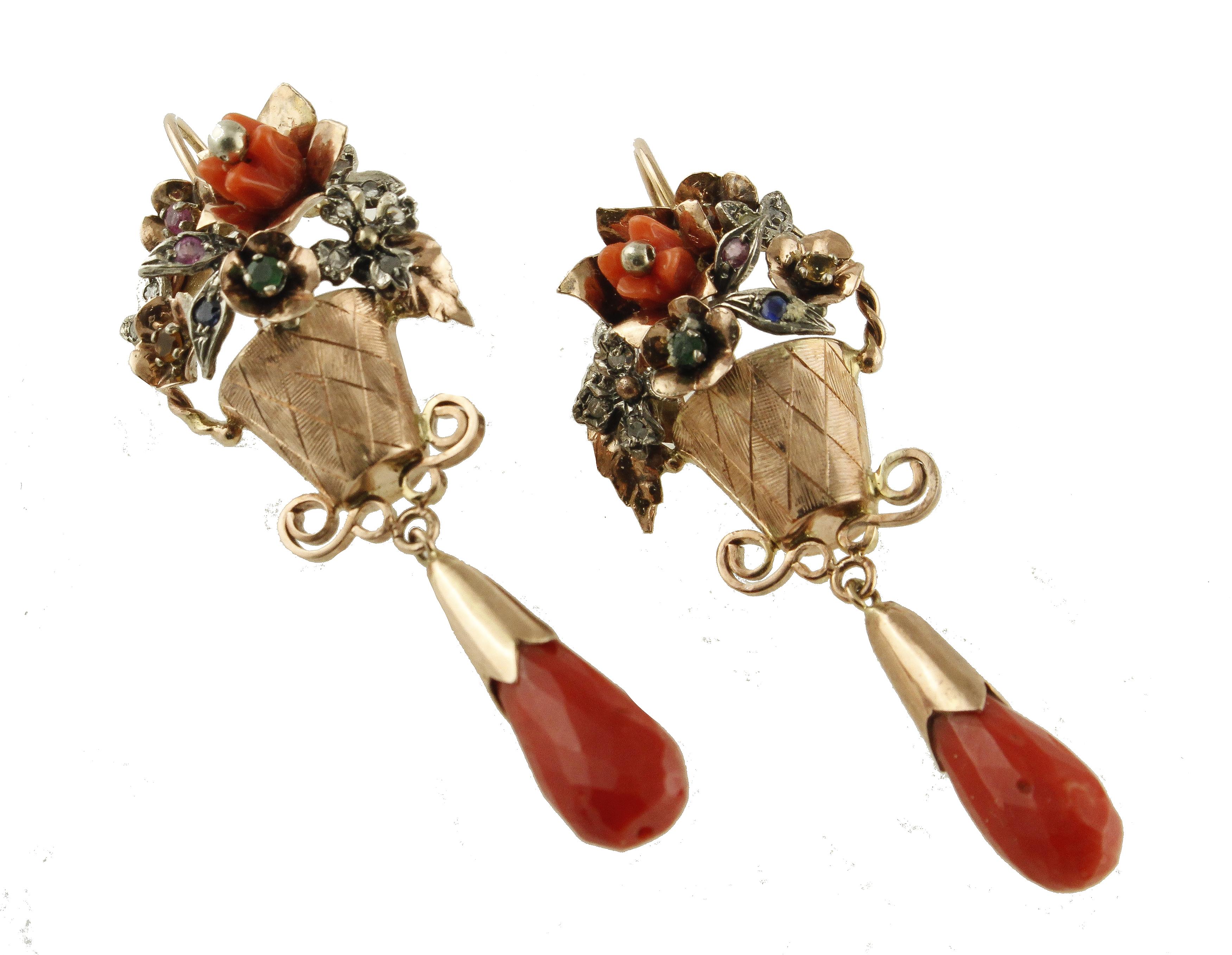 Pendientes de Diamantes, Esmeraldas, Coral Rojo, Zafiros, Rubíes, Oro Rosa y Plata Corte mixto en venta