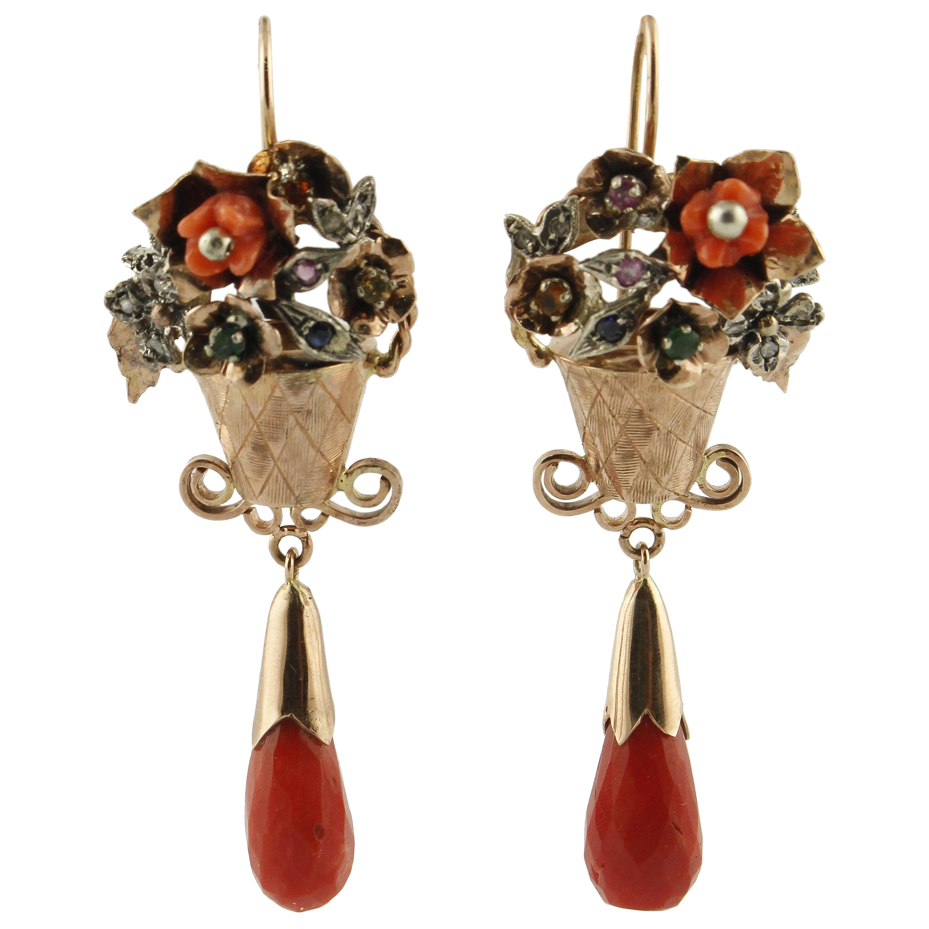 Diamonds, Emeralds, Red Coral, Sapphires, Rubies, Rose Gold and Silver Earrings