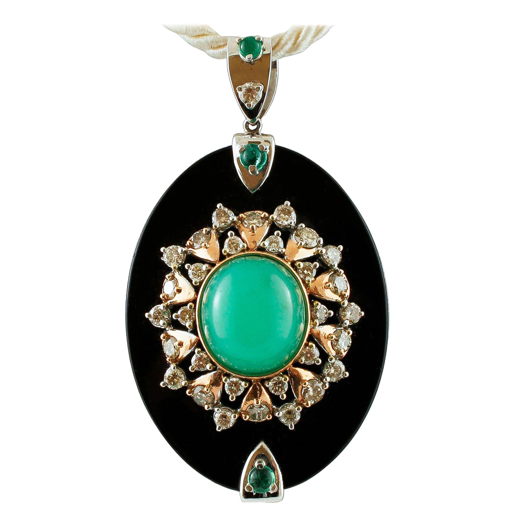 Diamonds Emeralds Green Chrysophrase Onyx Plate Rose White Gold Pendant Necklace