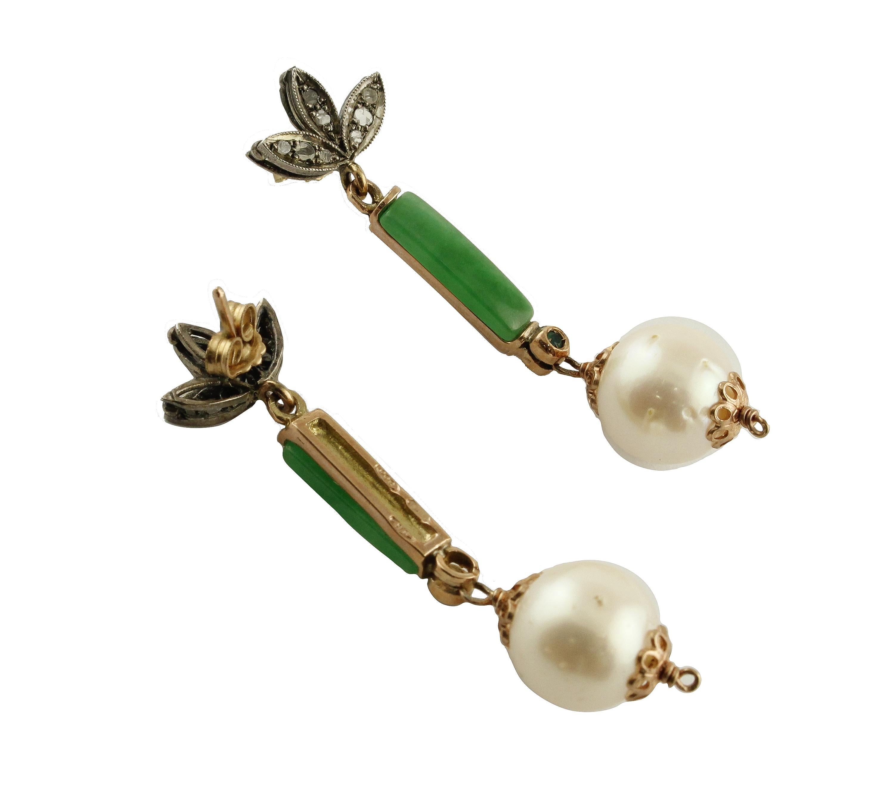 Retro Diamonds Emeralds Green Jade White Pearls Rose Gold and Silver Stud Earrings