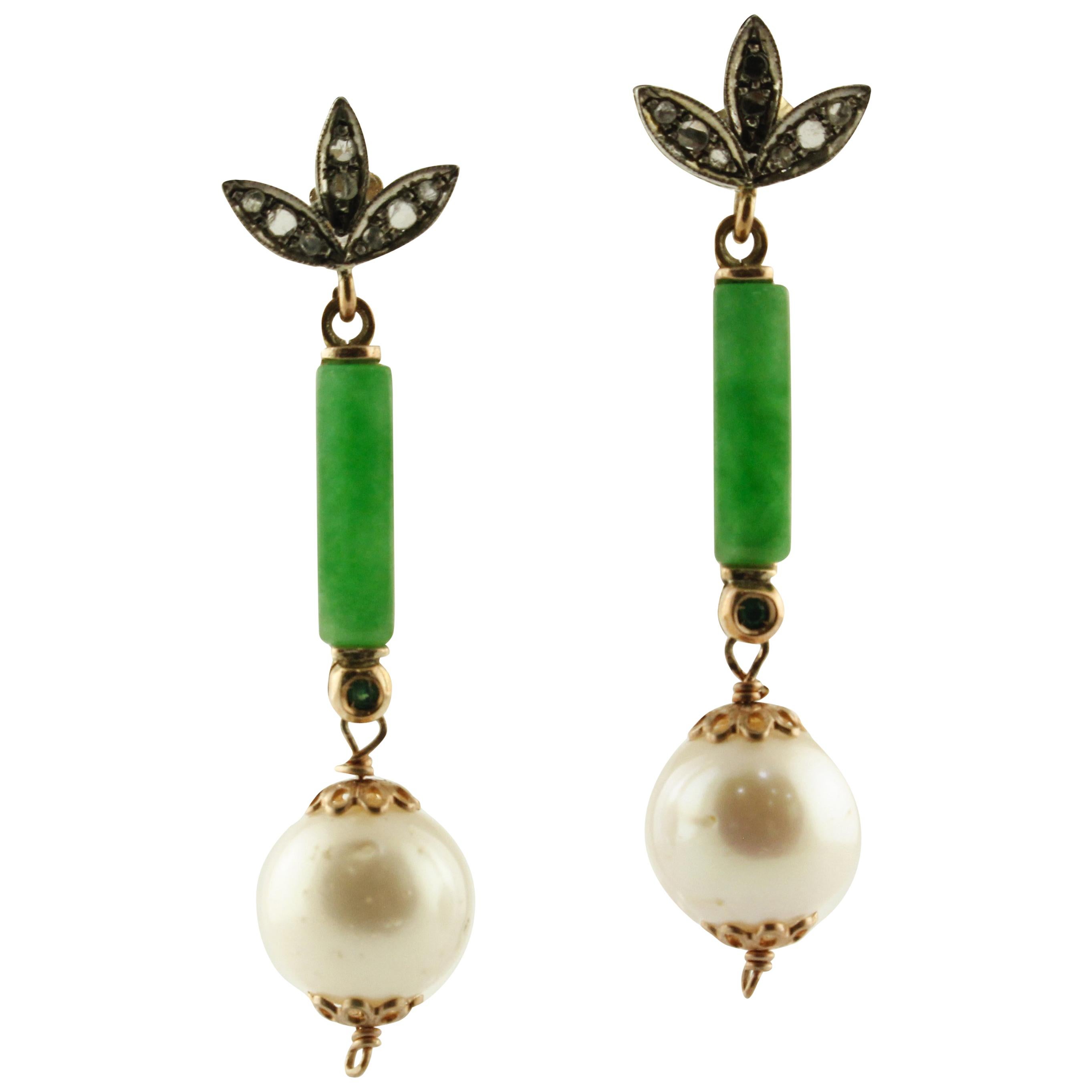 Diamonds Emeralds Green Jade White Pearls Rose Gold and Silver Stud Earrings