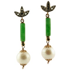 Vintage Diamonds Emeralds Green Jade White Pearls Rose Gold and Silver Stud Earrings