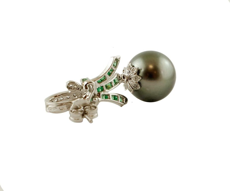 Retro Diamonds, Emeralds, Grey Pearls, 18 Karat White Gold Dangle Earrings