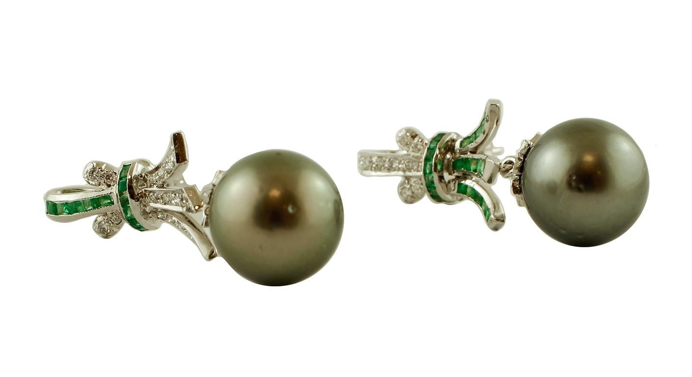 Mixed Cut Diamonds, Emeralds, Grey Pearls, 18 Karat White Gold Dangle Earrings