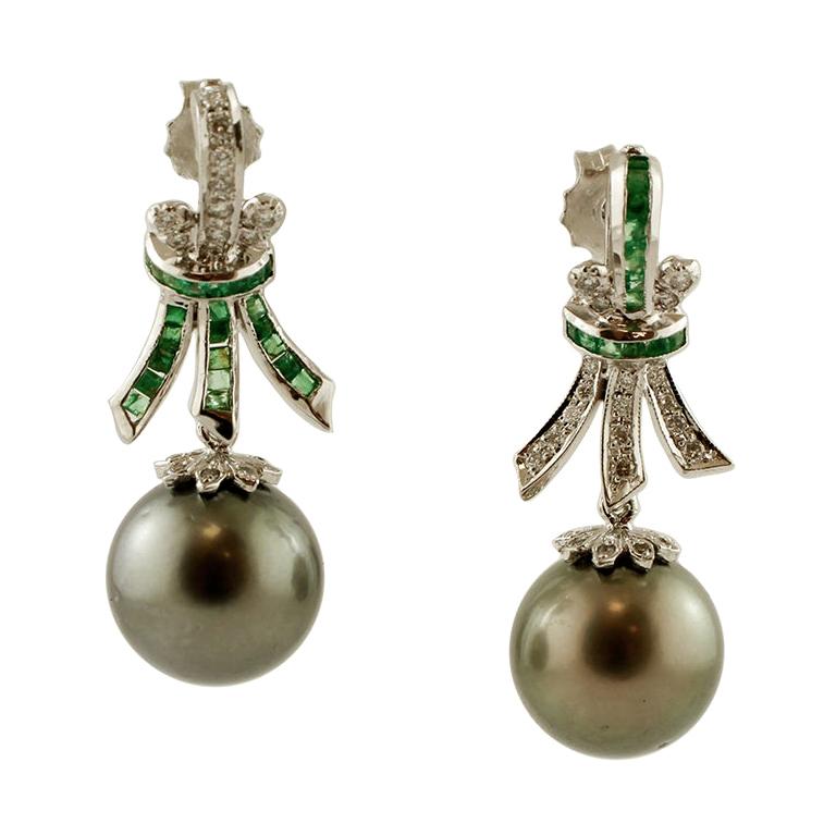 Diamonds, Emeralds, Grey Pearls, 18 Karat White Gold Dangle Earrings