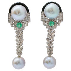 Diamonds, Emeralds, Grey Pearls, Onyx, 14 Karat White Gold Dangle Earrings