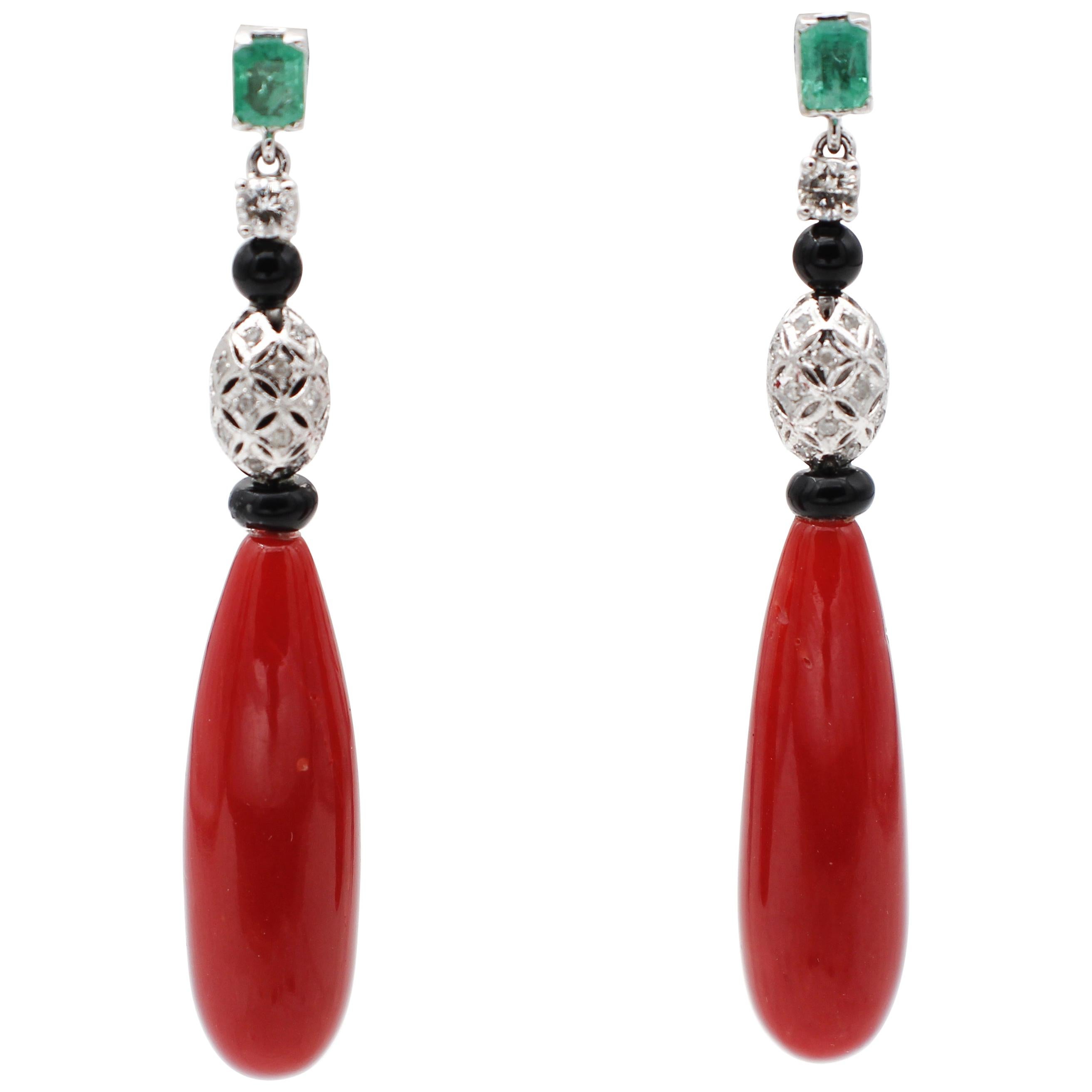 Diamonds, Emeralds, Onyx, Coral, White Gold Drop/Dangle Earrings