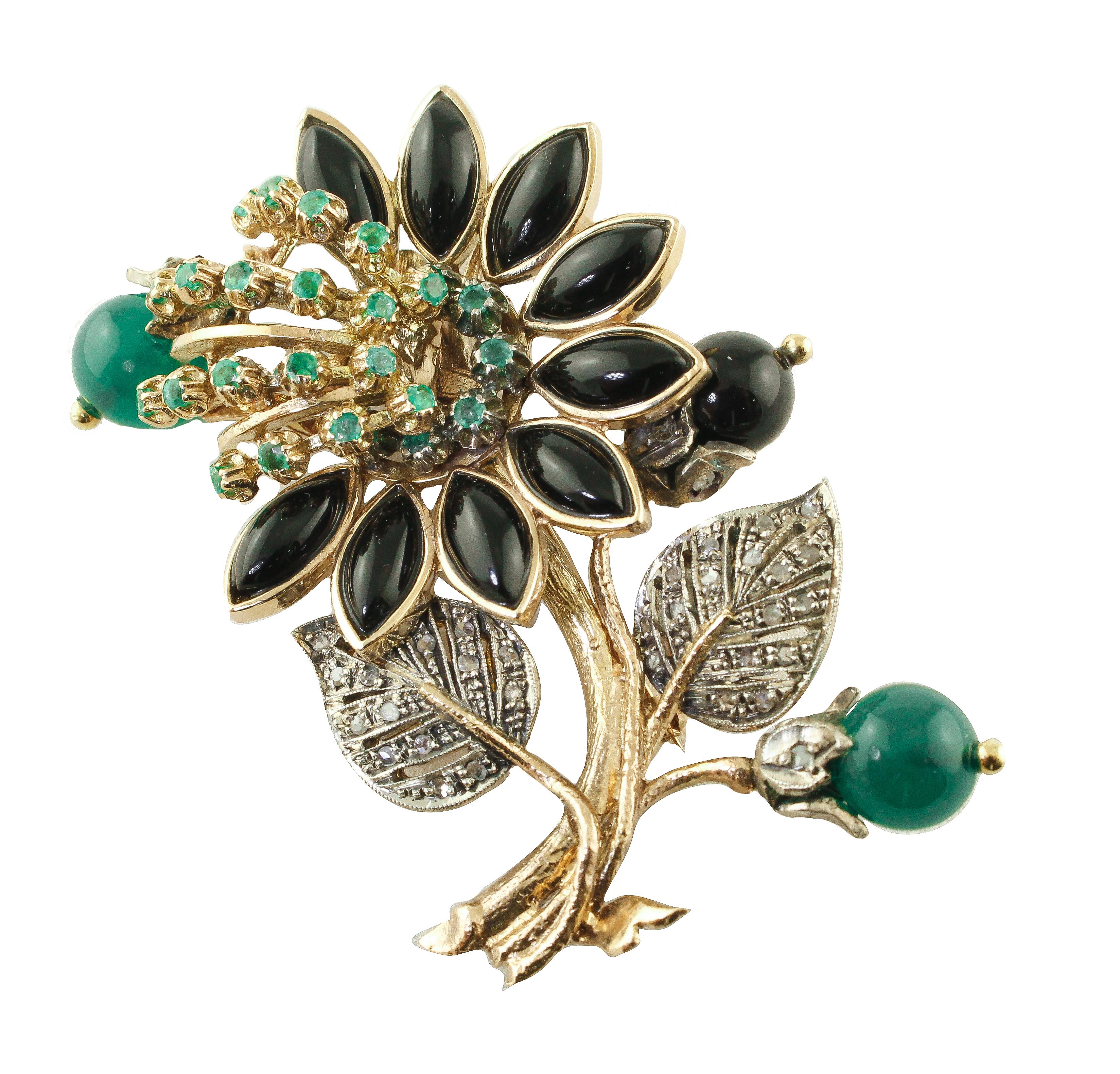 Diamonds Emeralds Onyx Green Agate Rose Gold and Silver Brooch For Sale