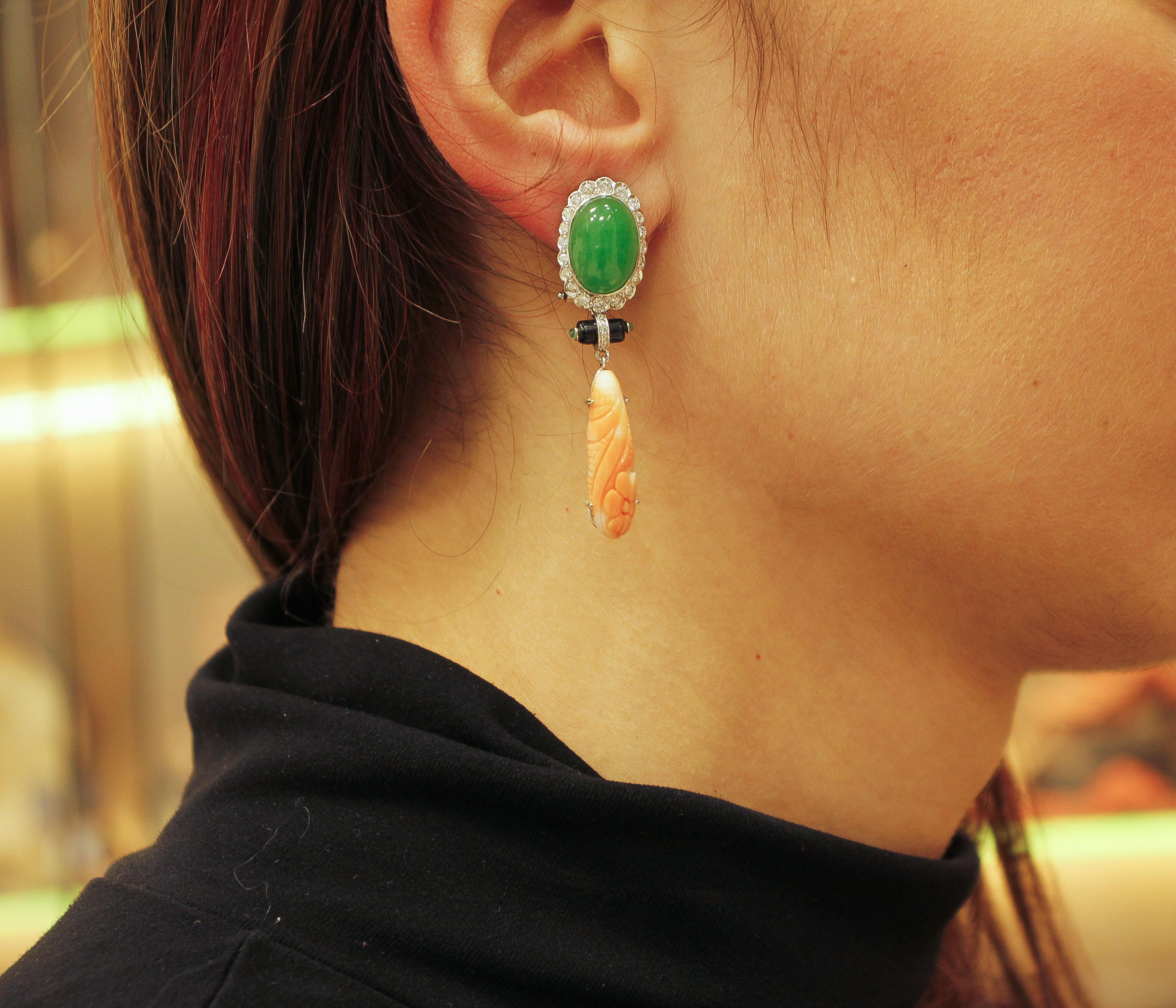 Round Cut Diamonds, Emeralds, Onyx, Jade, Orange Engraved Coral , Gold Earrings For Sale