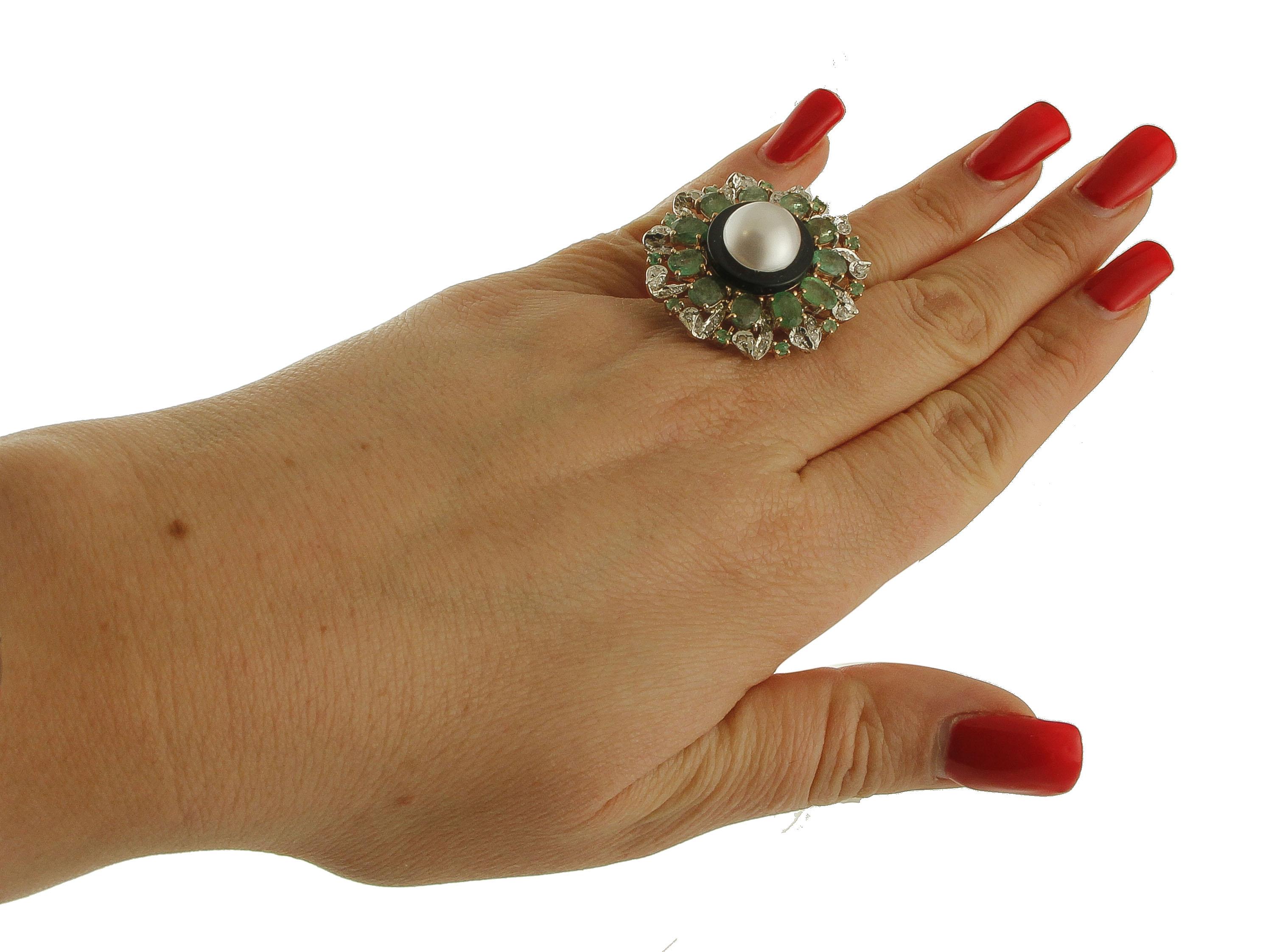 Diamonds, Emeralds, Onyx, Pearl, 9 Karat Rose Gold and Silver Ring 1