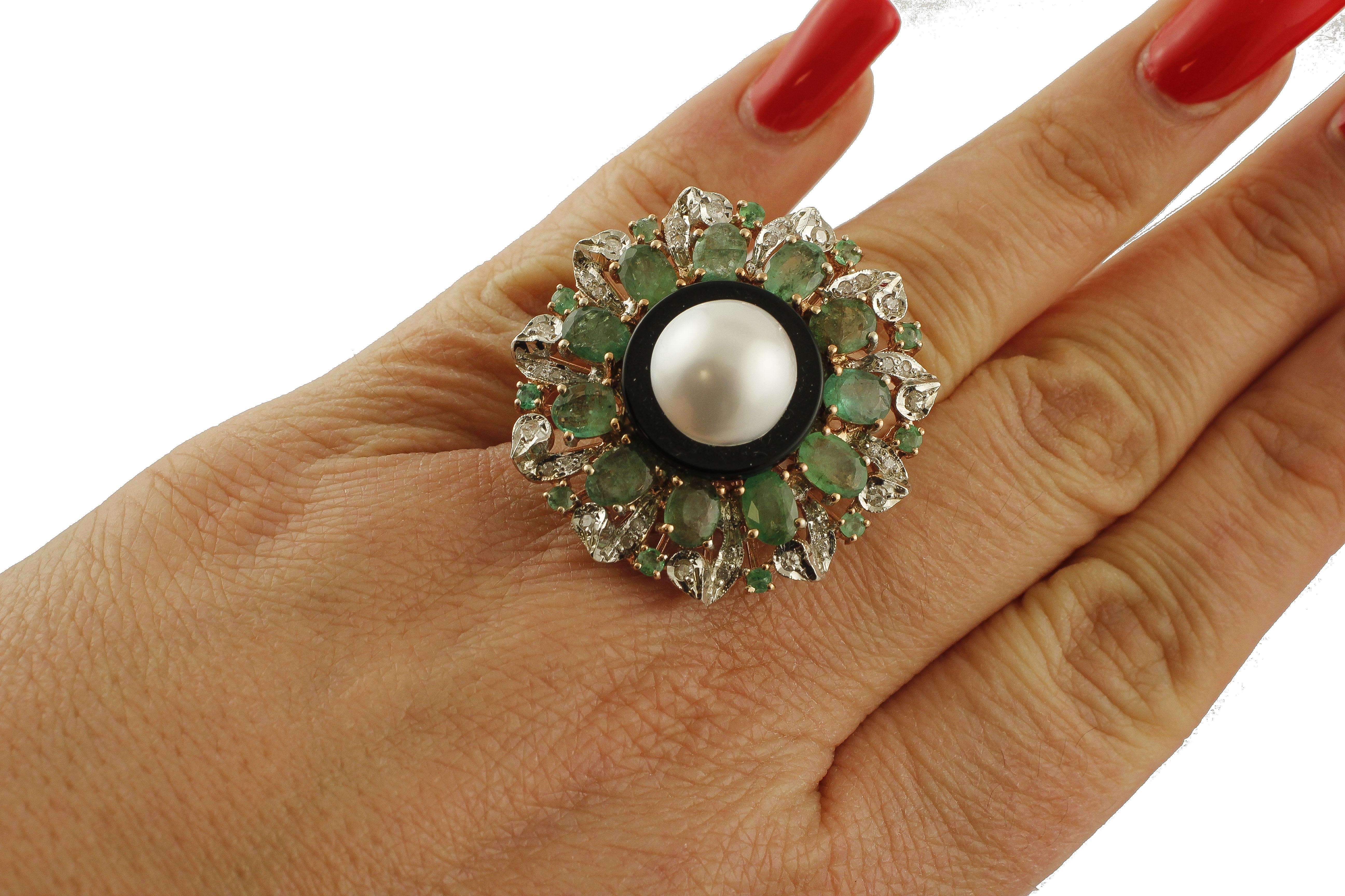 Diamonds, Emeralds, Onyx, Pearl, 9 Karat Rose Gold and Silver Ring 2