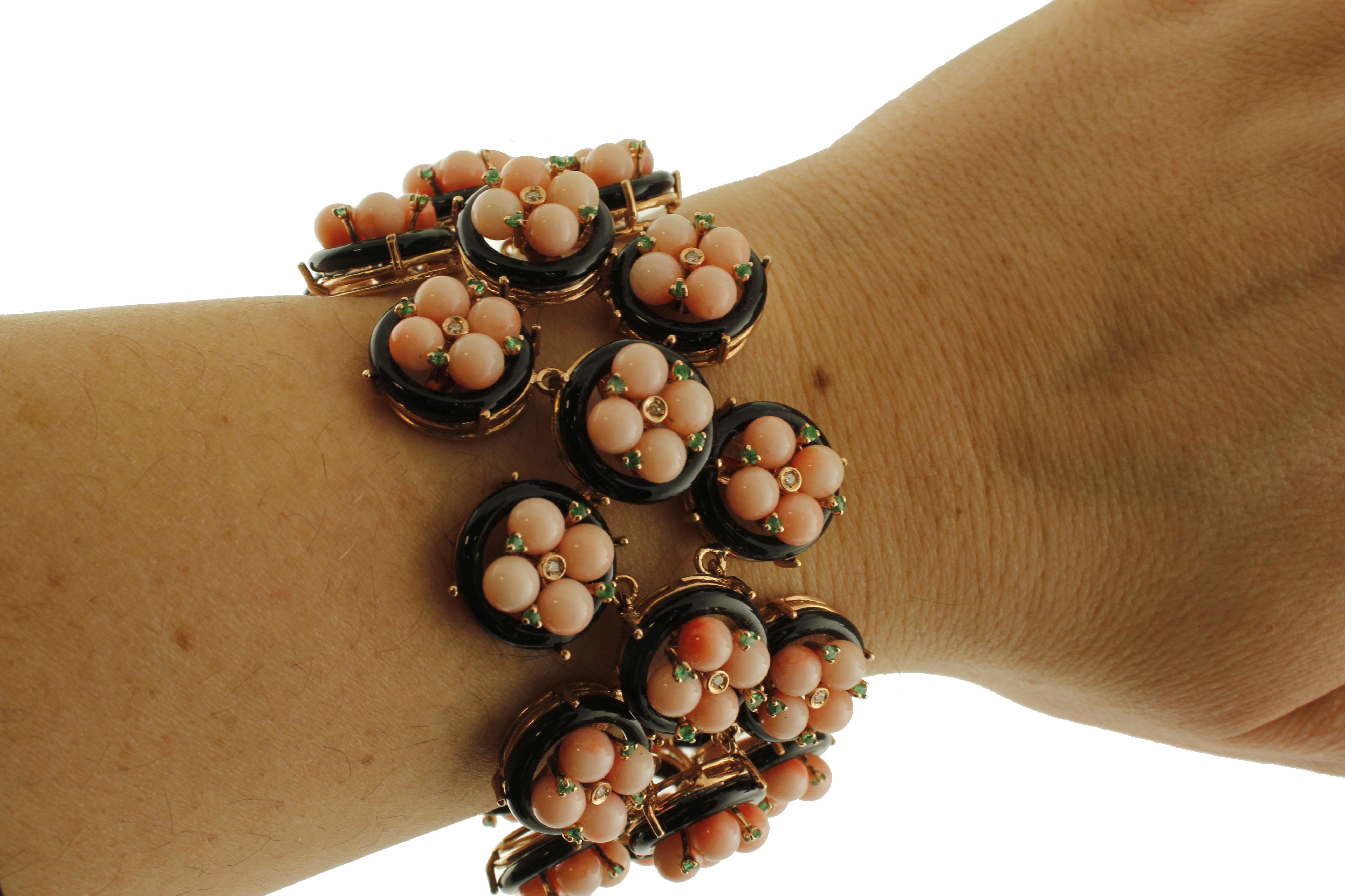 Women's Diamonds, Emeralds, Onyx, Pink Corals Rose Gold Link Fashion Bracelet