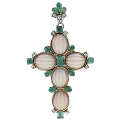 Vintage Diamonds, Emeralds, Oval Shape Engraved Pink Stones, Gold Cross Pendant Necklace