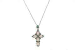Diamonds, Emeralds, Oval Shape Engraved Pink Stones, Gold Cross Pendant Necklace