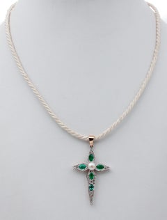 Diamonds, Emeralds, Pearl, 9 Karat Yellow Gold and Silver, Cross Pendant