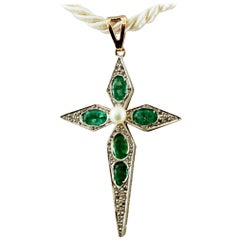 Vintage Diamonds, Emeralds, Pearl, 9 Karat Yellow Gold and Silver, Cross Pendant