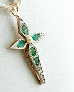 Diamonds, Emeralds, Pearl, 9 Karat Yellow Gold and Silver, Cross Pendant