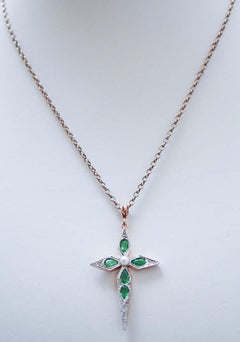 Diamonds, Emeralds, Pearl, Rose Gold and Silver Cross Pendant.