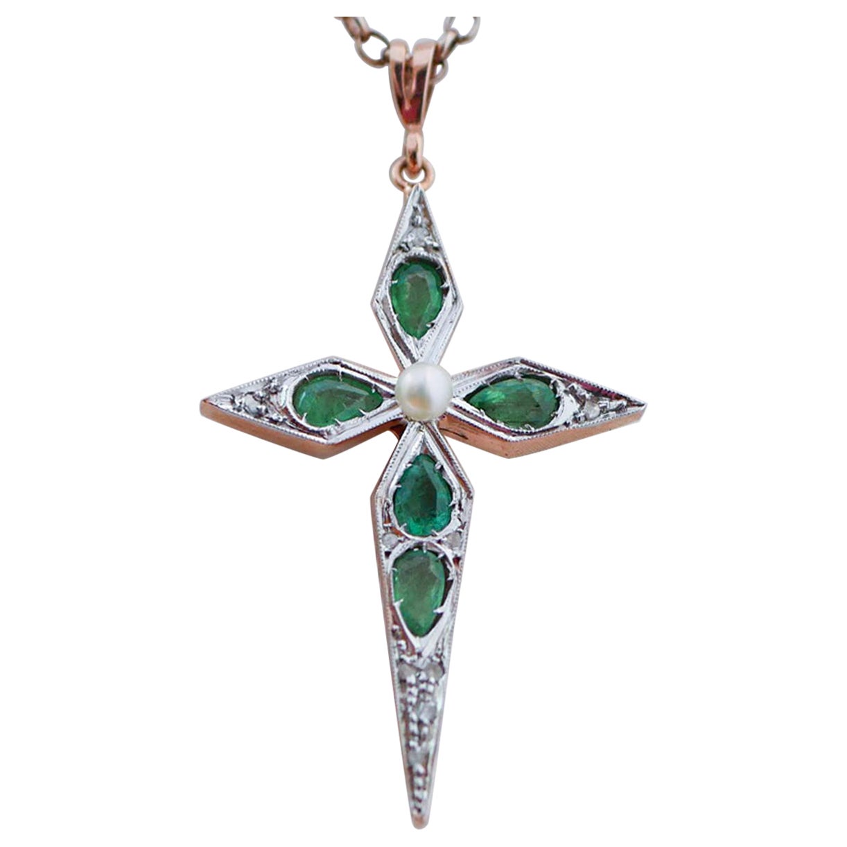 Diamanti, smeraldi, perle, ciondolo a croce in oro rosa e argento. in vendita